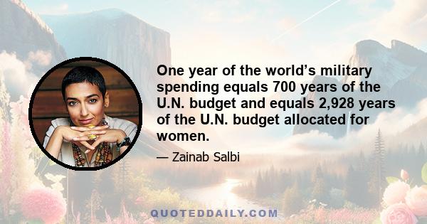 One year of the world’s military spending equals 700 years of the U.N. budget and equals 2,928 years of the U.N. budget allocated for women.