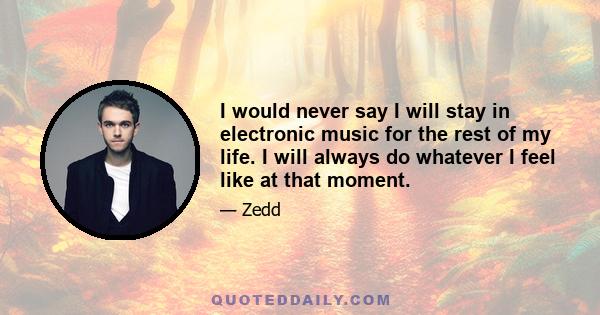 I would never say I will stay in electronic music for the rest of my life. I will always do whatever I feel like at that moment.