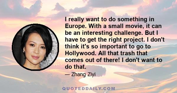 I really want to do something in Europe. With a small movie, it can be an interesting challenge. But I have to get the right project. I don't think it's so important to go to Hollywood. All that trash that comes out of