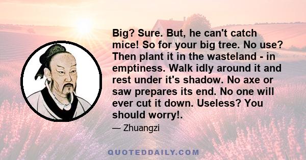 Big? Sure. But, he can't catch mice! So for your big tree. No use? Then plant it in the wasteland - in emptiness. Walk idly around it and rest under it's shadow. No axe or saw prepares its end. No one will ever cut it