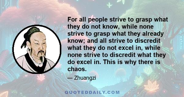 For all people strive to grasp what they do not know, while none strive to grasp what they already know; and all strive to discredit what they do not excel in, while none strive to discredit what they do excel in. This