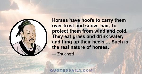 Horses have hoofs to carry them over frost and snow; hair, to protect them from wind and cold. They eat grass and drink water, and fling up their heels.... Such is the real nature of horses.