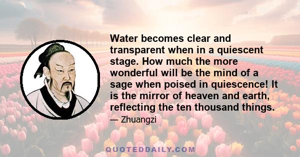 Water becomes clear and transparent when in a quiescent stage. How much the more wonderful will be the mind of a sage when poised in quiescence! It is the mirror of heaven and earth, reflecting the ten thousand things.