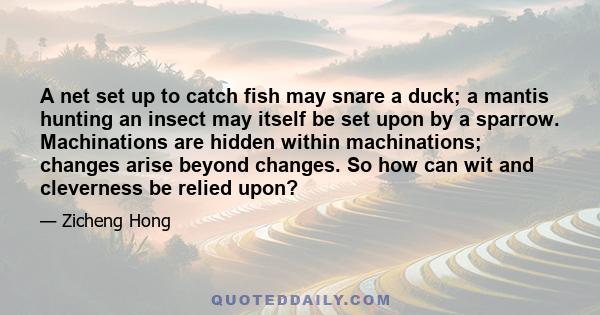 A net set up to catch fish may snare a duck; a mantis hunting an insect may itself be set upon by a sparrow. Machinations are hidden within machinations; changes arise beyond changes. So how can wit and cleverness be