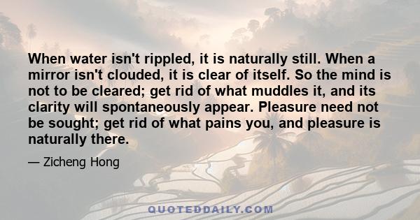 When water isn't rippled, it is naturally still. When a mirror isn't clouded, it is clear of itself. So the mind is not to be cleared; get rid of what muddles it, and its clarity will spontaneously appear. Pleasure need 