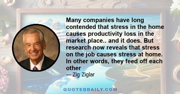 Many companies have long contended that stress in the home causes productivity loss in the market place.. and it does. But research now reveals that stress on the job causes stress at home. In other words, they feed off 