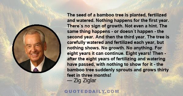 The seed of a bamboo tree is planted, fertilized and watered. Nothing happens for the first year. There´s no sign of growth. Not even a hint. The same thing happens - or doesn´t happen - the second year. And then the