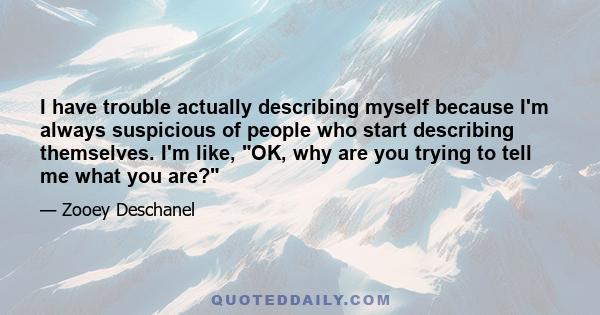 I have trouble actually describing myself because I'm always suspicious of people who start describing themselves. I'm like, OK, why are you trying to tell me what you are?