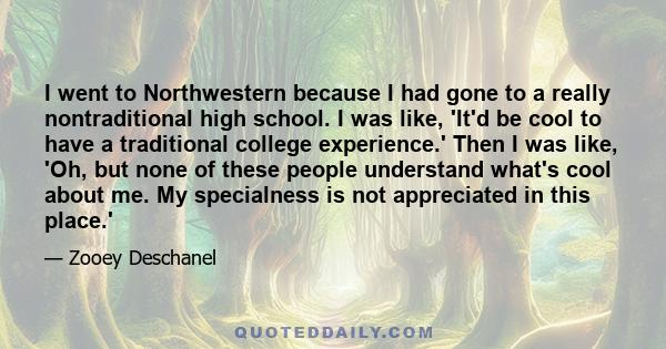 I went to Northwestern because I had gone to a really nontraditional high school. I was like, 'It'd be cool to have a traditional college experience.' Then I was like, 'Oh, but none of these people understand what's