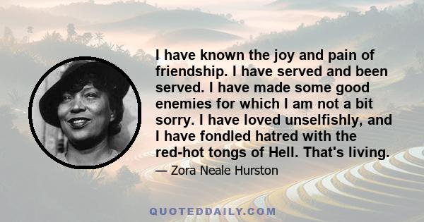 I have known the joy and pain of friendship. I have served and been served. I have made some good enemies for which I am not a bit sorry. I have loved unselfishly, and I have fondled hatred with the red-hot tongs of