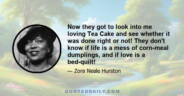 Now they got to look into me loving Tea Cake and see whether it was done right or not! They don't know if life is a mess of corn-meal dumplings, and if love is a bed-quilt!