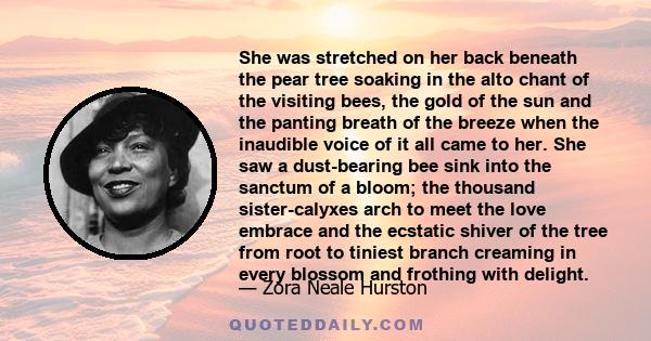 She was stretched on her back beneath the pear tree soaking in the alto chant of the visiting bees, the gold of the sun and the panting breath of the breeze when the inaudible voice of it all came to her. She saw a